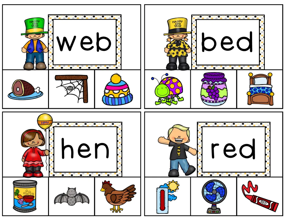 CVC short e cards for web, bed, hen and red: students read each word and clip the matching picture, such as a spider web