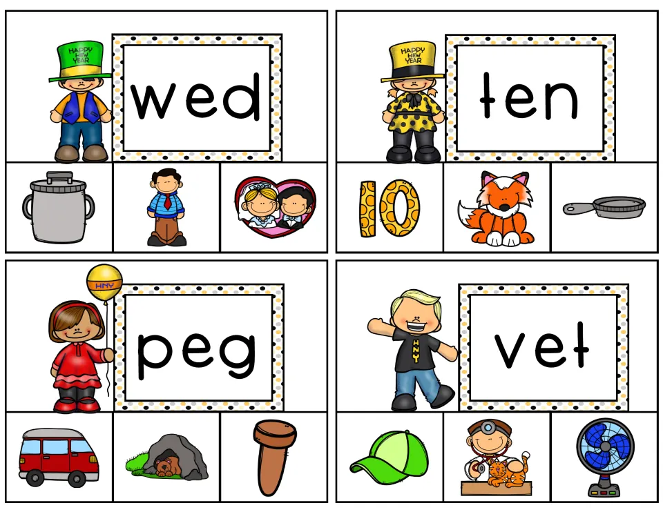 Short e decoding cards for wed, ten, peg and vet: students match each word to a picture, such as the number 10