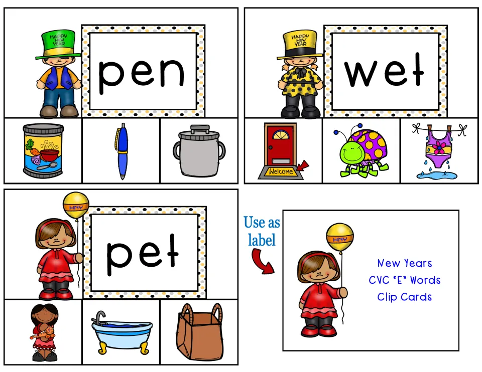 Short e cards for pen, wet and pet, each with three picture choices, plus a title card to tape on the storage box