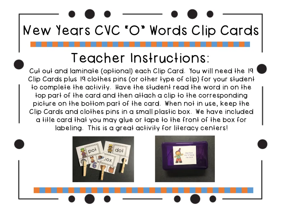 Teacher instructions: cut out and laminate 19 cards, add clothespins, store in a box; photos show the finished setup
