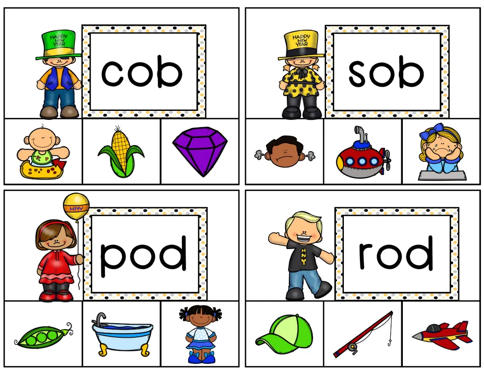 Short o word cards cob, sob, pod and rod: students read each CVC word and clip the matching picture out of three choices
