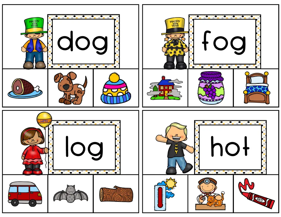 CVC short o cards for dog, fog, log and hot: students decode each word and clip the right picture, such as a dog or a log