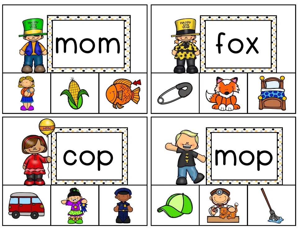 Clip cards for mom, fox, cop and mop: students read the short o word and pin the picture that matches among three options