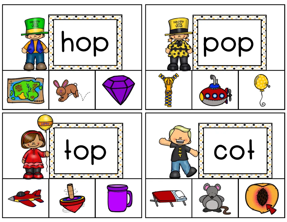 Short o cards hop, pop, top and cot: children blend each word and clip the matching image, like a hopping rabbit or a cot