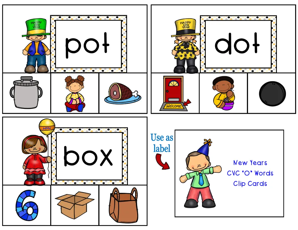 Final cards for pot, dot and box with three picture choices each, plus a labeled title card to tape on the storage box