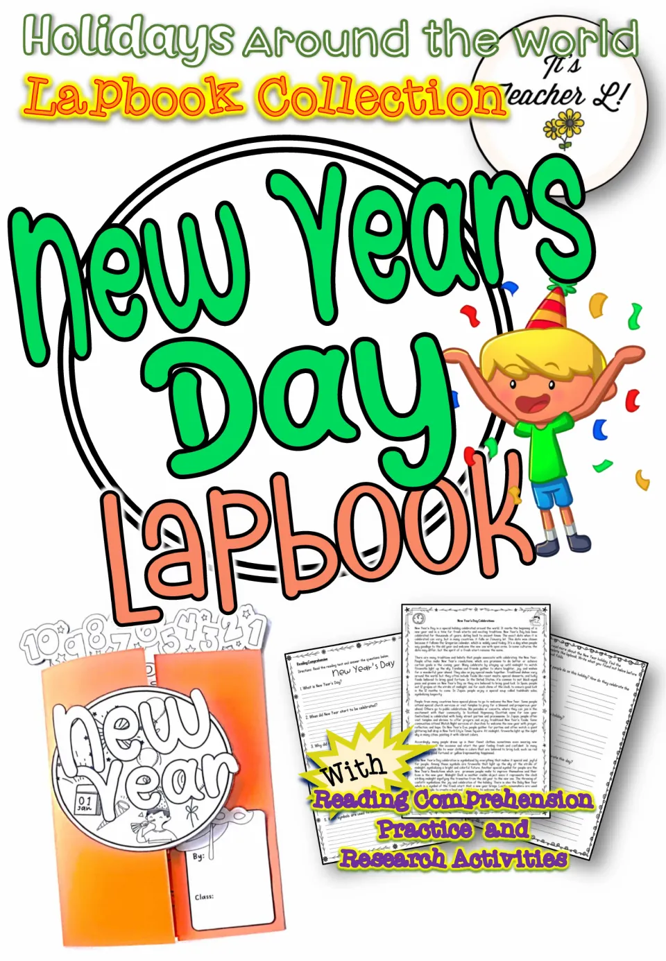 Cover of a New Year's Day lapbook resource featuring reading comprehension practice and research activities