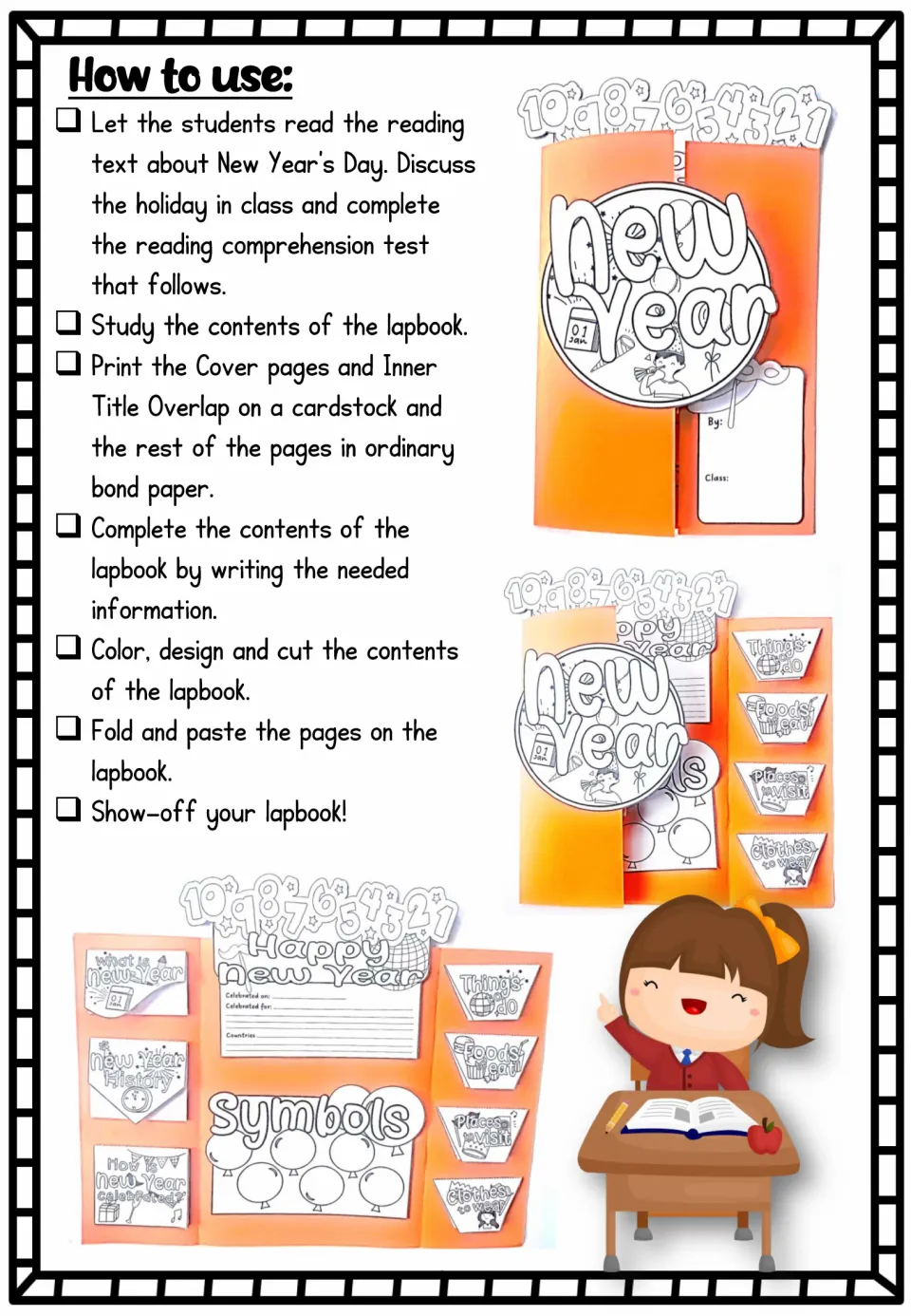 Lapbook instructions explain reading, discussion, printing, writing, coloring, cutting, folding, and pasting