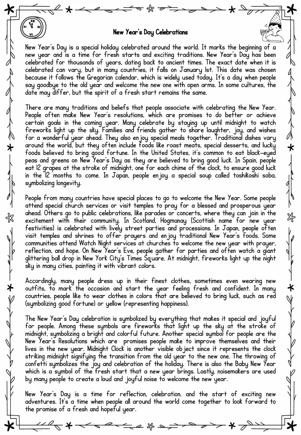 Reading passage for the lapbook covers New Year's dates, resolutions, foods, celebrations, clothes, and symbols