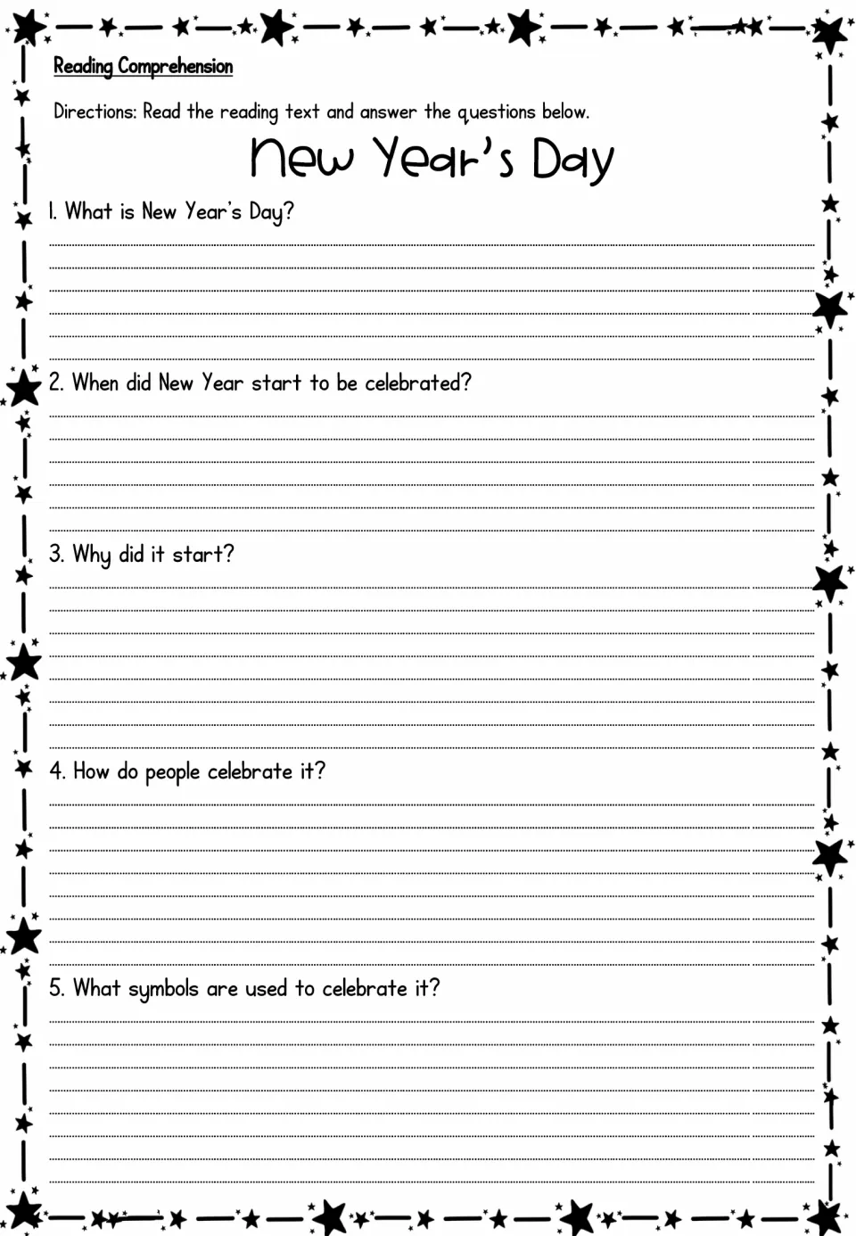 Five lapbook reading comprehension questions ask what New Year's Day is, its origins, celebrations, and symbols