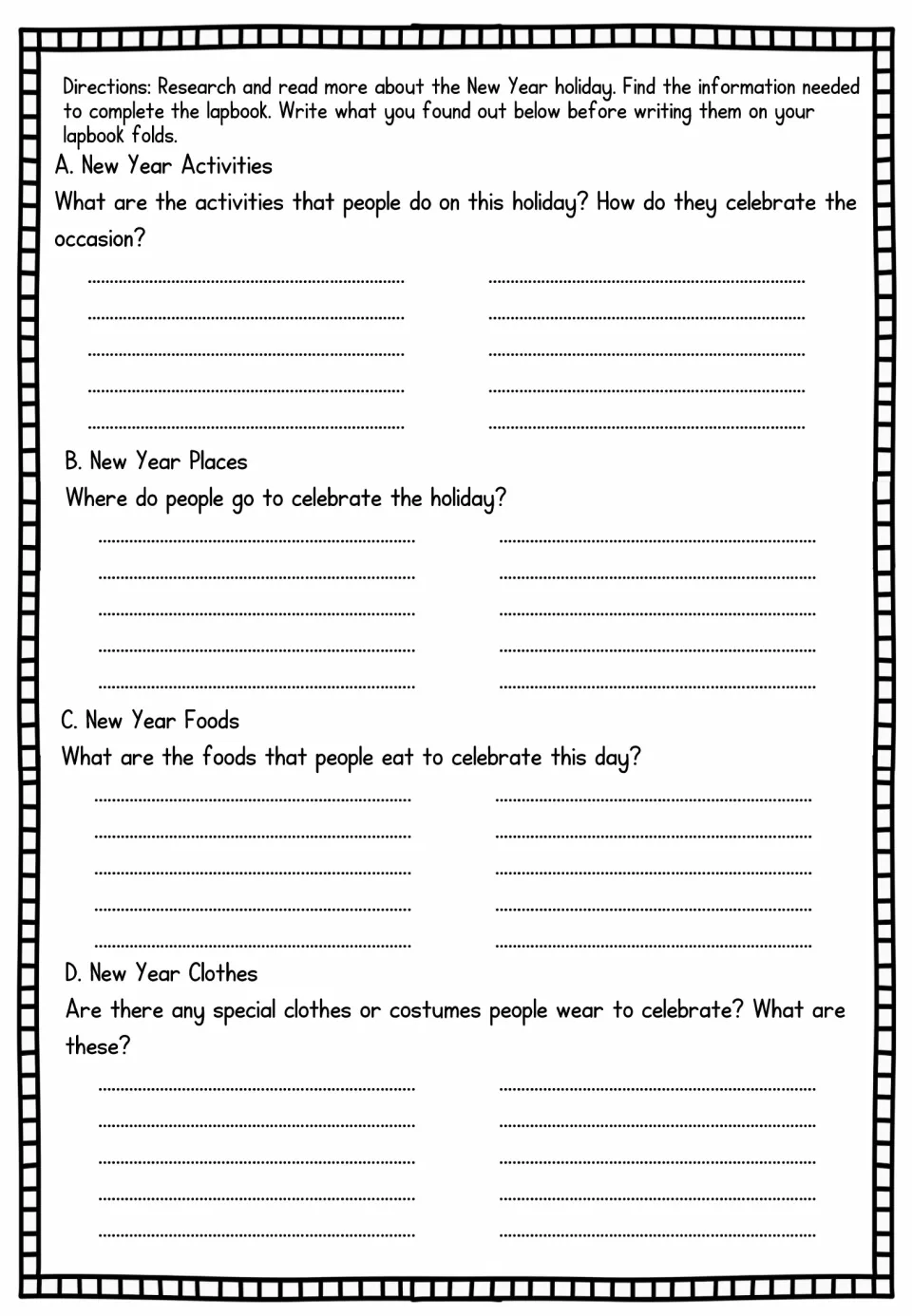 Lapbook research prompts ask students about New Year's activities, places to celebrate, foods, and clothes