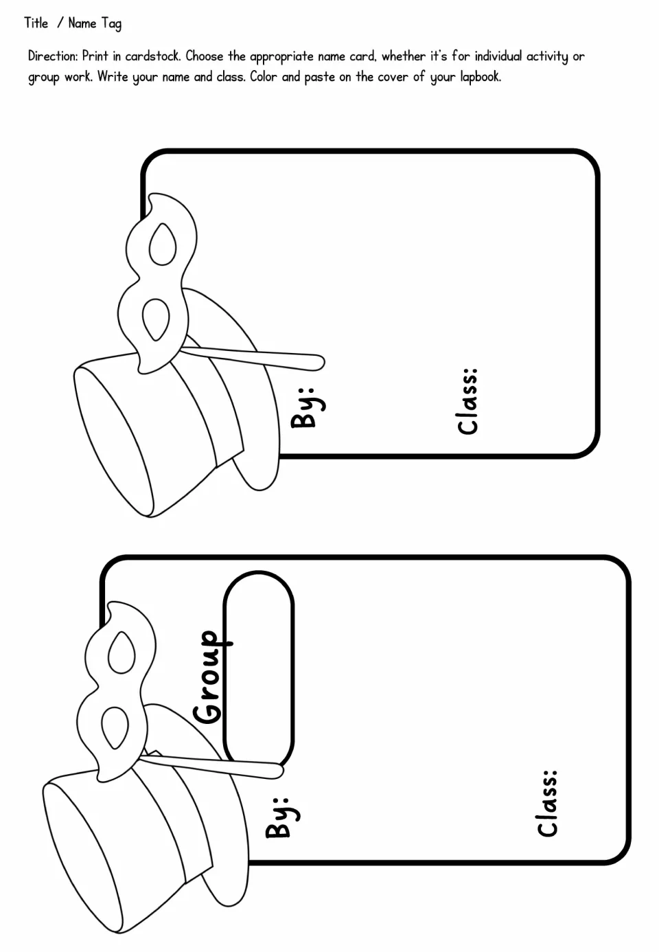 Two lapbook name tags offer individual and group options, with spaces for names, class, and a group number