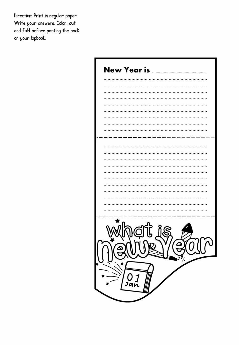 Lapbook definition foldable titled 'What is New Year' includes the writing prompt 'New Year is' to complete