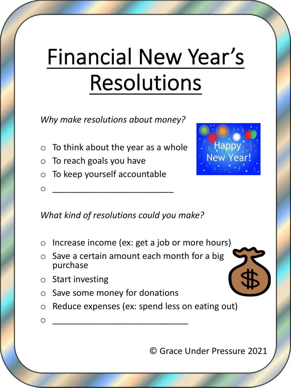 Money resolutions intro: students read why to set them and ideas like saving monthly, investing, donating, cutting costs