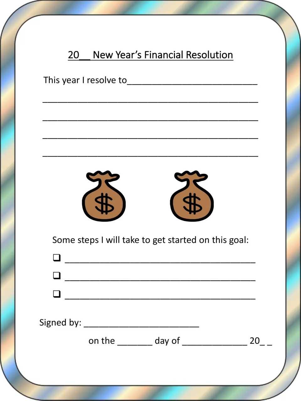 Resolution pledge: students write one money goal, list three steps to get started, then sign and date their commitment