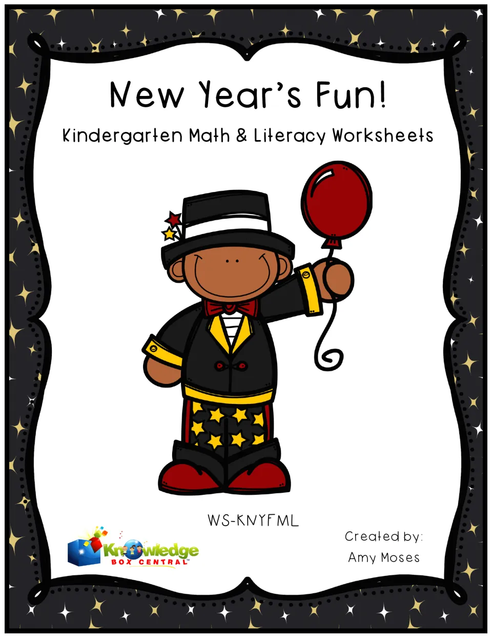 New Year's Fun! Kindergarten Math & Literacy Worksheets cover with a boy in a top hat holding a red balloon