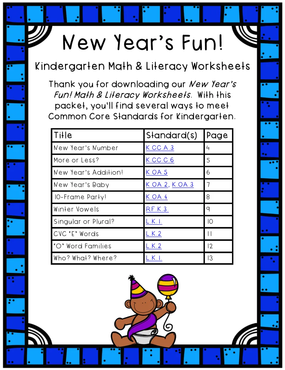 Contents page listing the 10 worksheets, such as More or Less? and Who? What? Where?, with Common Core codes