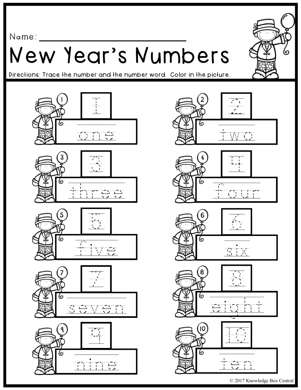 New Year's Numbers: trace the numerals 1–10 and the number words one to ten, each beside a boy holding a balloon
