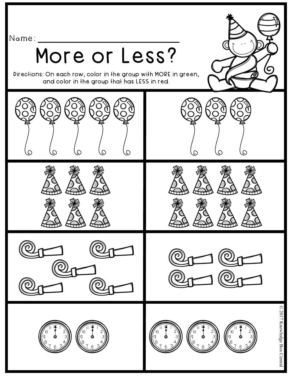 More or Less? comparing groups: 5 vs. 3 balloons, 6 vs. 8 party hats, 5 vs. 4 noisemakers, 2 vs. 3 clocks