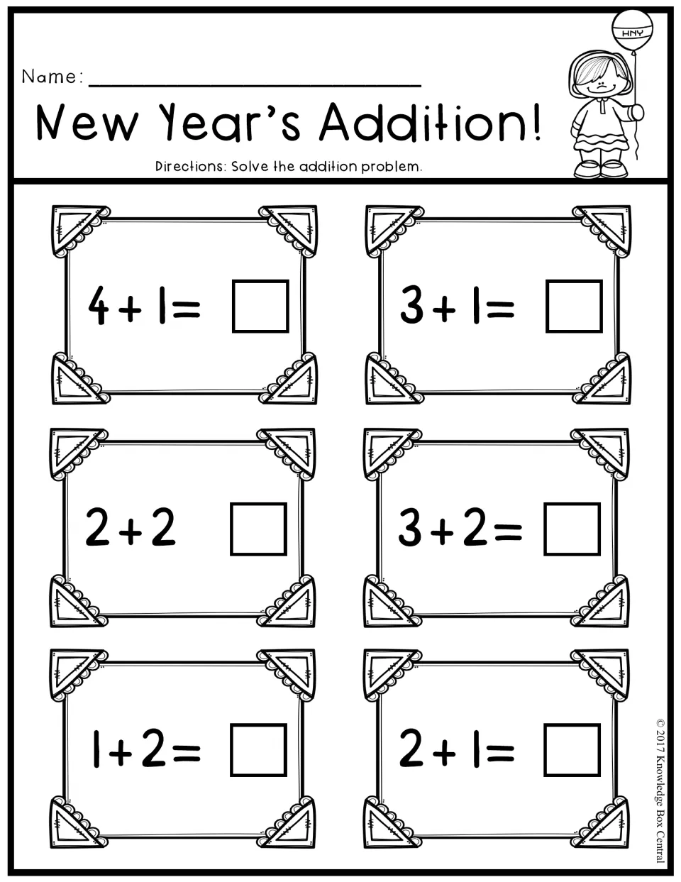 New Year's Addition! Six sums to solve: 4+1, 3+1, 2+2, 3+2, 1+2 and 2+1