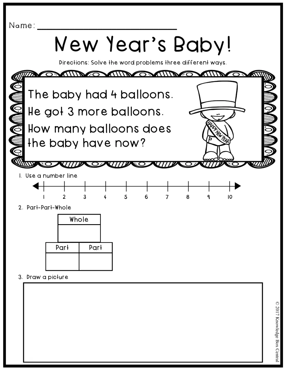 New Year's Baby! word problem, 4 balloons plus 3 more, to solve with a number line, part-part-whole and a picture