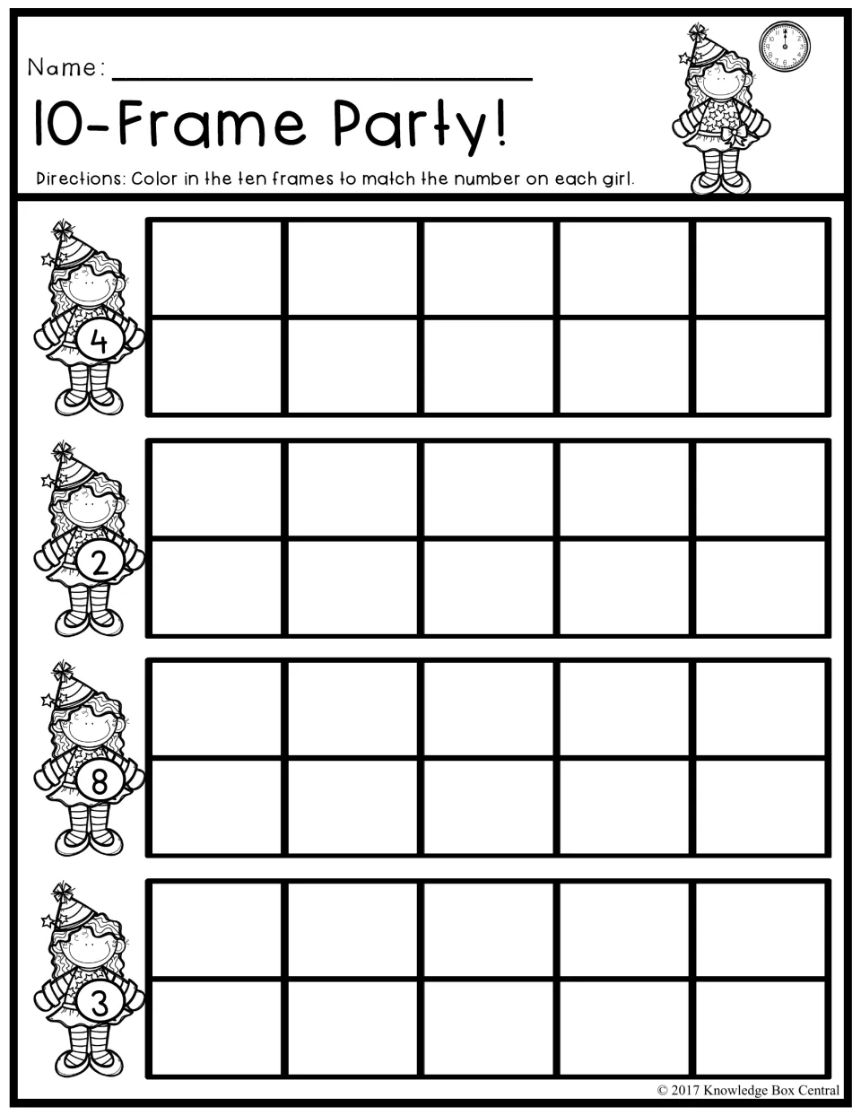 10-Frame Party! Color ten frames to match the numbers 4, 2, 8 and 3 shown on each party girl
