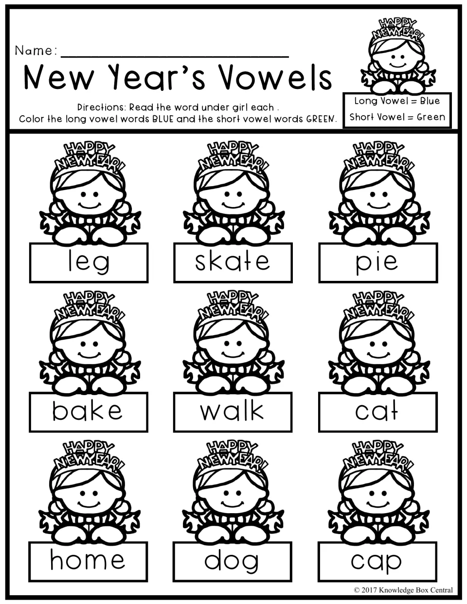 New Year's Vowels: color long vowel words blue and short green; leg, skate, pie, bake, walk, cat, home, dog, cap