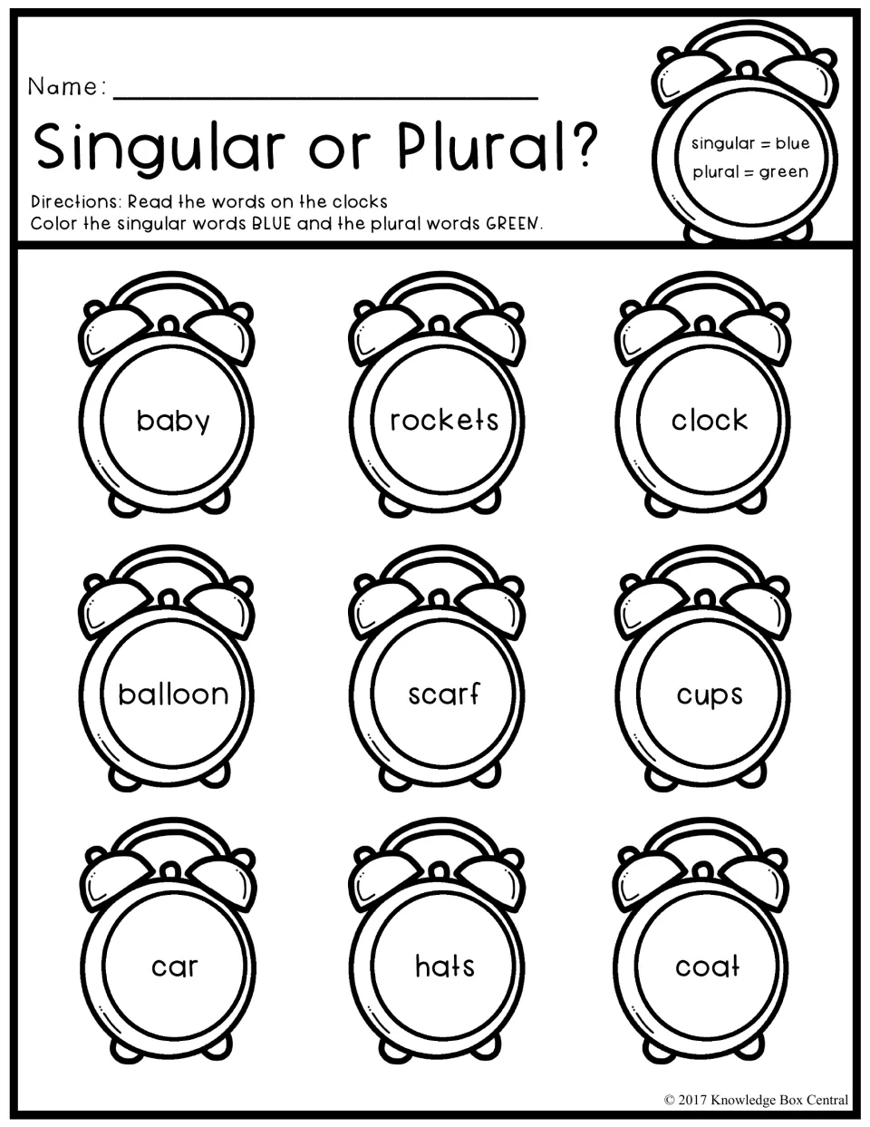 Singular or Plural? Nine words on clocks, such as baby, rockets, cups and coat, to color blue or green