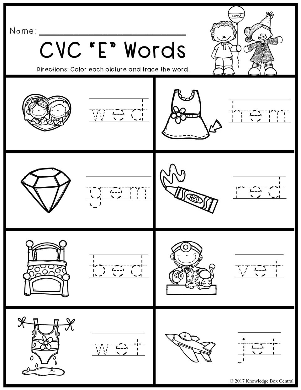 CVC 'E' Words: color each picture and trace wed, hem, gem, red, bed, vet, wet and jet