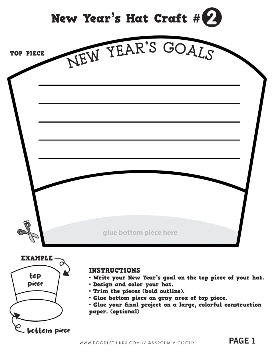 Hat Craft #2 top hat piece headed New Year's Goals: students write goals on five lines, then color and trim