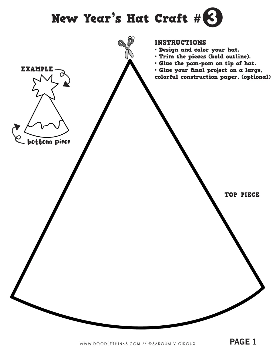 Hat Craft #3 party hat cone: students design and color a large curved-base cone, trim it and glue a pom-pom on the tip