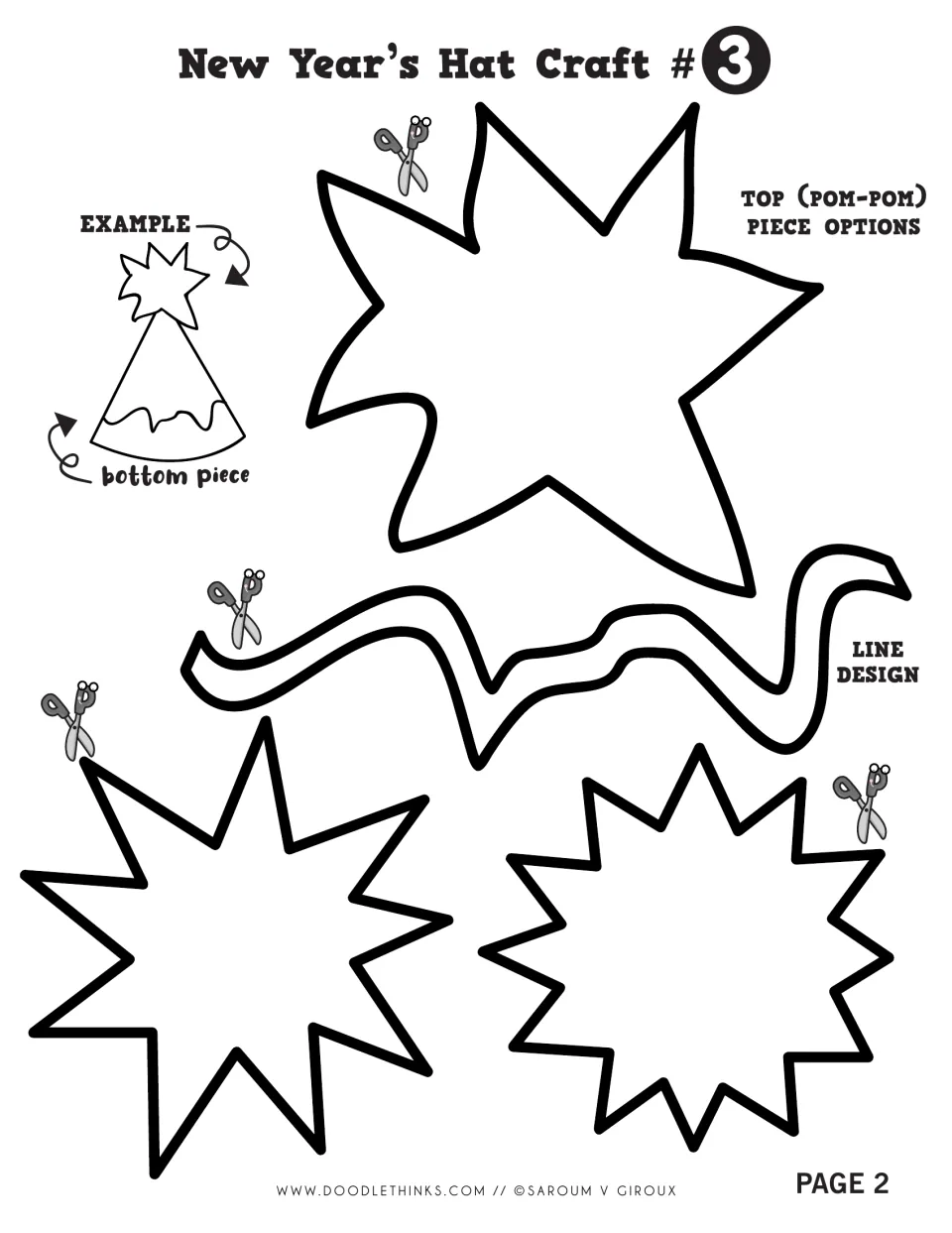 Hat Craft #3 pom-pom choices: three starburst shapes and a wavy line design for students to color, cut out and glue on