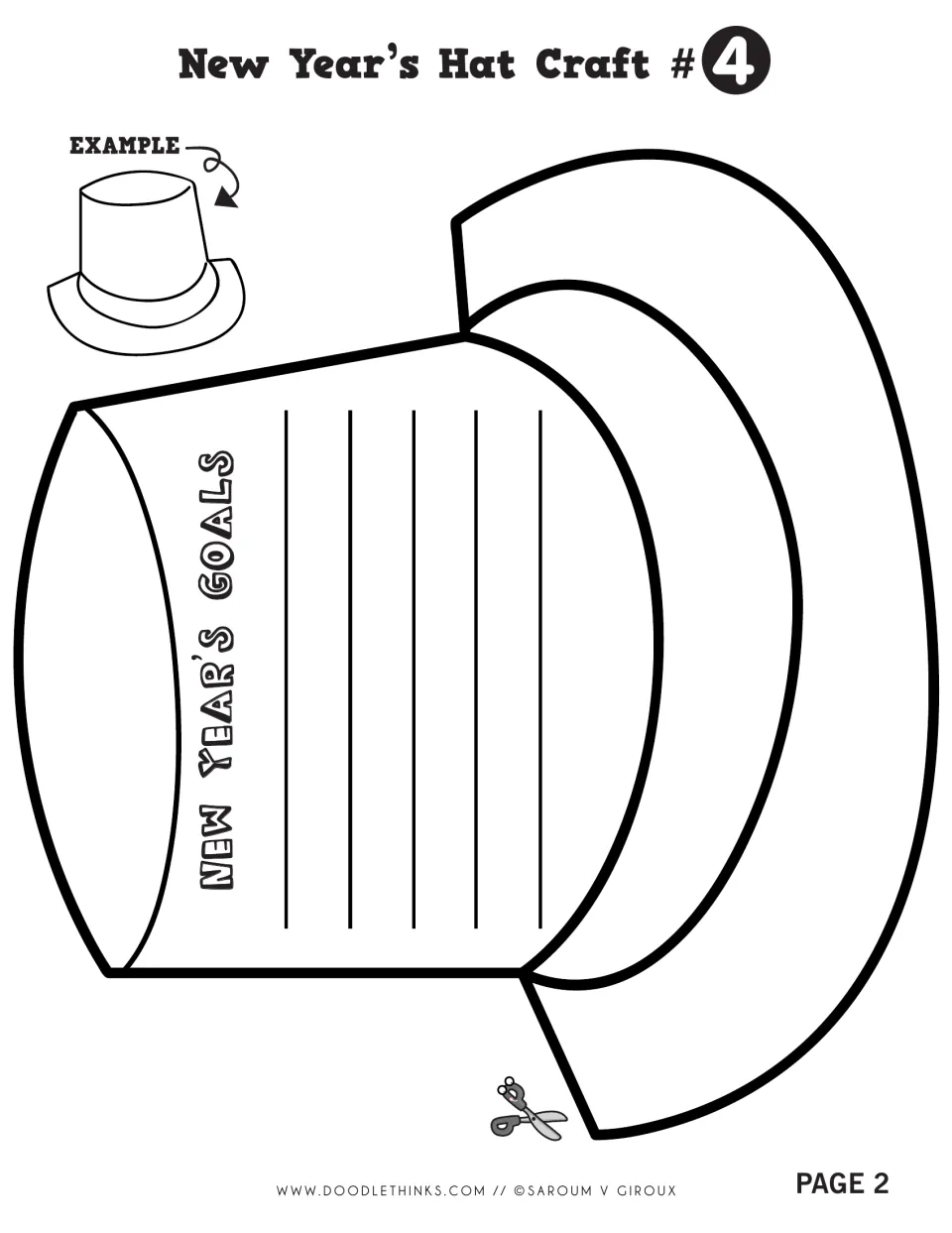 Hat Craft #4 top hat cut-out with a New Year's Goals panel of writing lines where students record goals before trimming