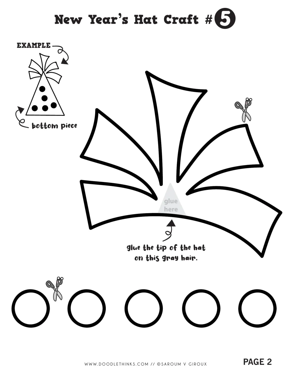 Hat Craft #5 cut-outs: a fan-shaped topper with a gray glue spot for the hat tip and five circles to use as dots