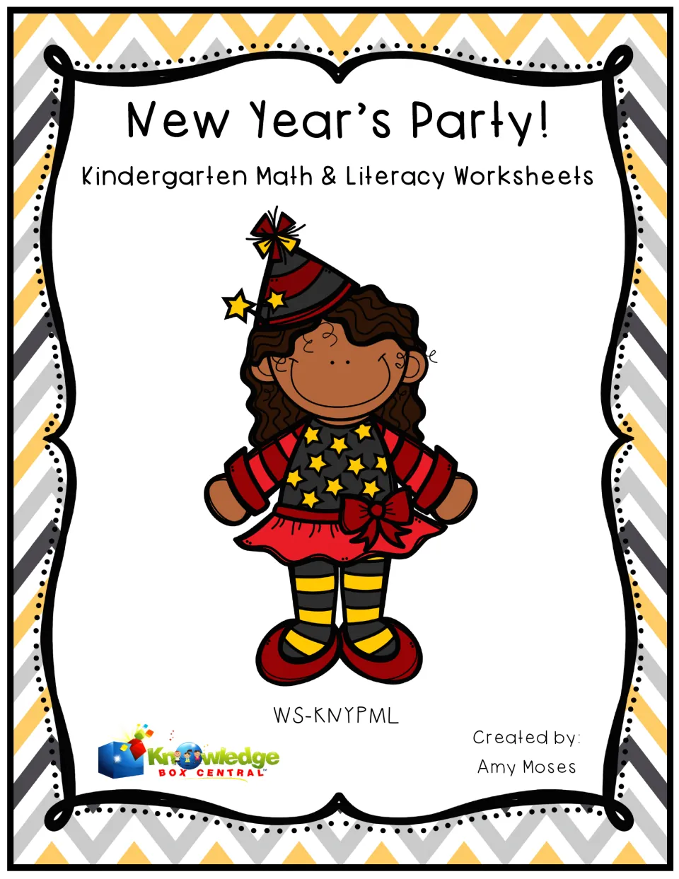 New Year's Party! kindergarten math and literacy worksheets cover with a girl in a party hat and star shirt
