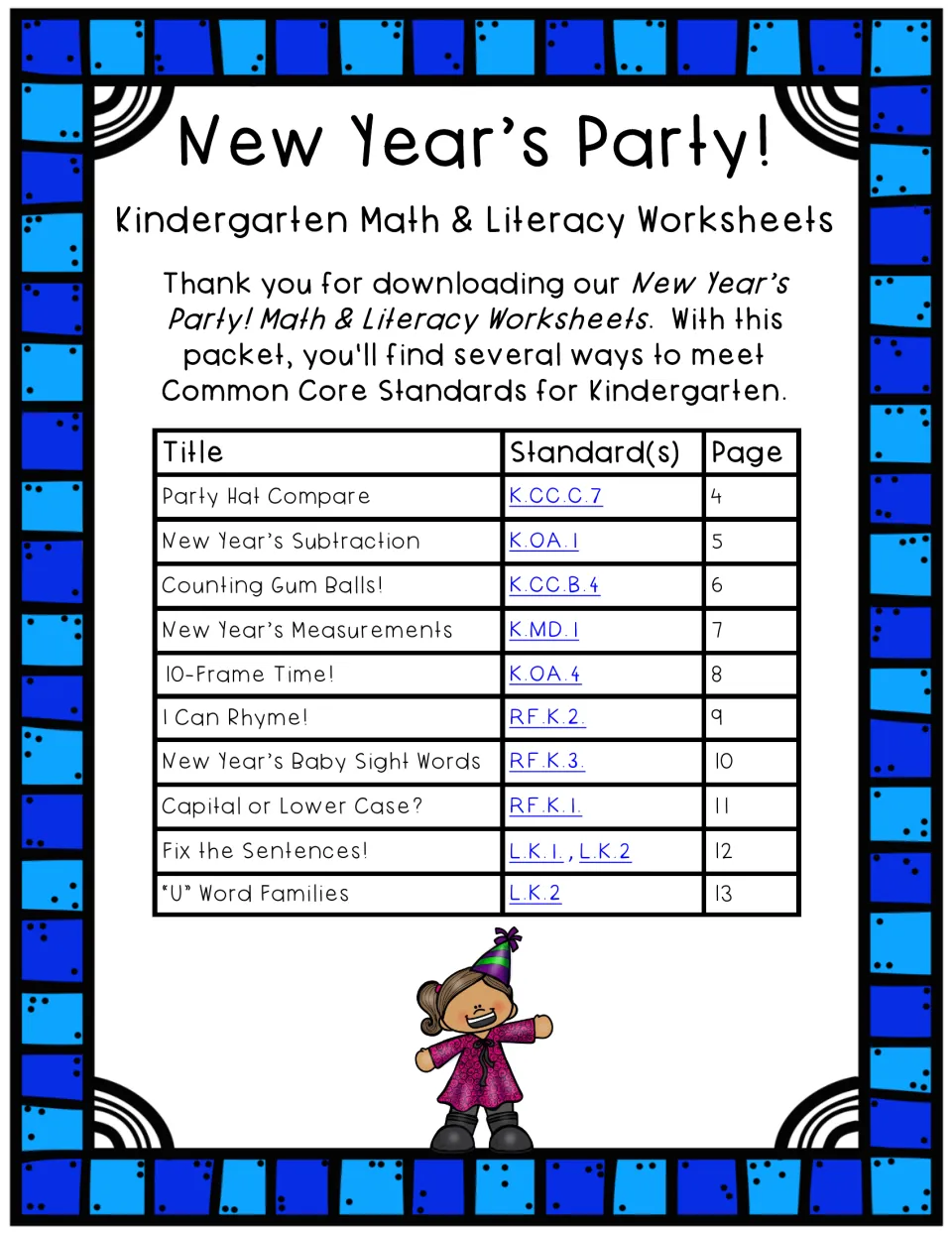 Thank-you note and table of 10 worksheets with Common Core standards, Party Hat Compare to 'U' Word Families