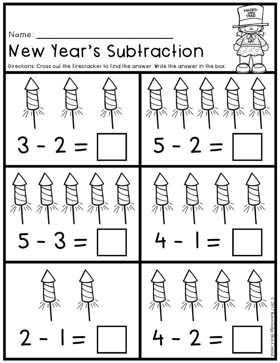 New Year's Subtraction: cross out firecrackers to solve 3 - 2, 5 - 2, 5 - 3, 4 - 1, 2 - 1 and 4 - 2
