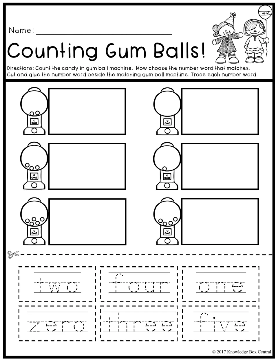 Counting Gum Balls!: count gum balls in six machines, then cut, glue and trace number words zero to five