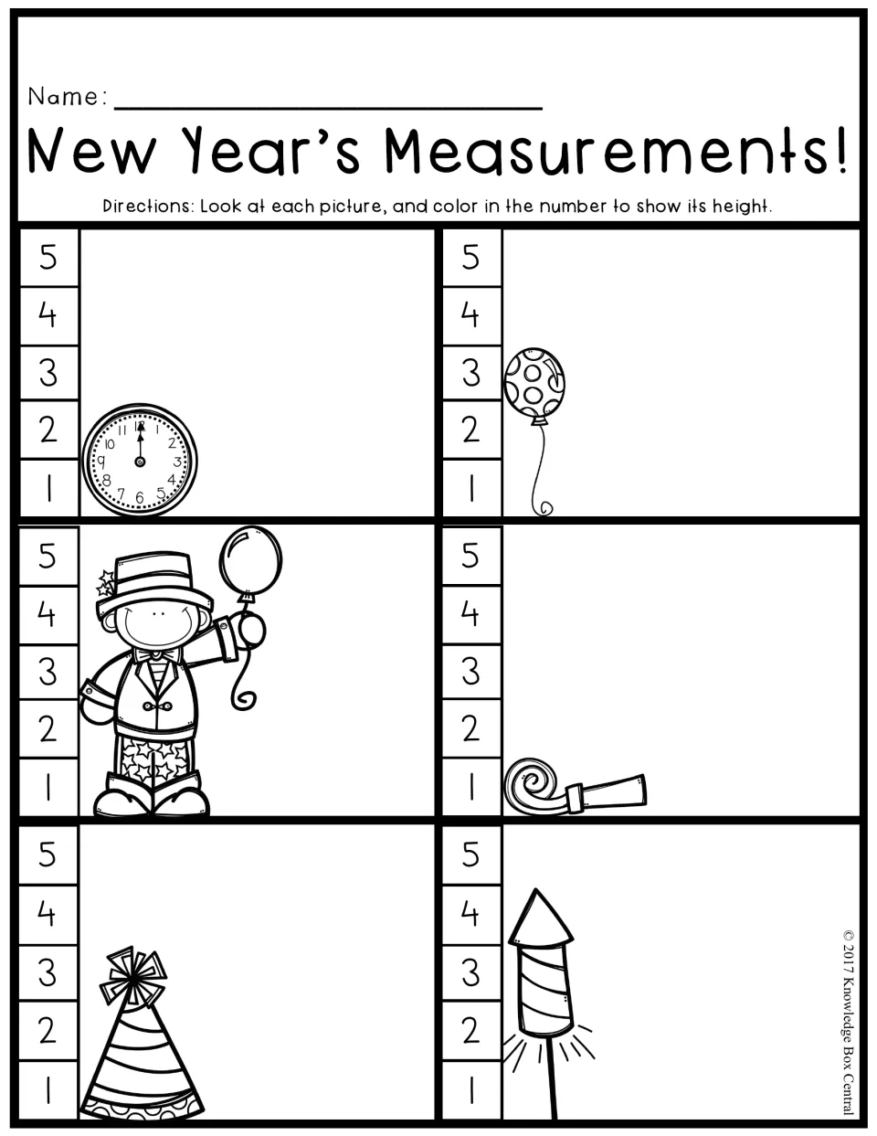 New Year's Measurements!: color the 1–5 scale to show height of a clock, balloon, boy, horn, hat and firecracker