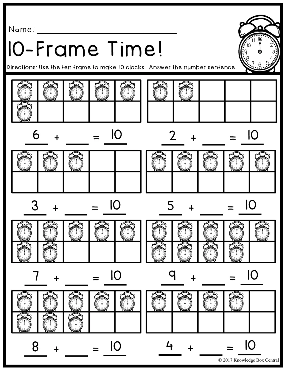 10-Frame Time!: clock ten frames to complete making-10 sentences 6 + _ = 10, 2 + _ = 10, and six more
