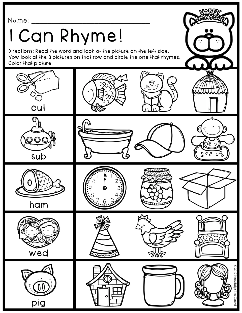 I Can Rhyme!: circle and color the picture that rhymes with cut, sub, ham, wed and pig, choosing from three per row