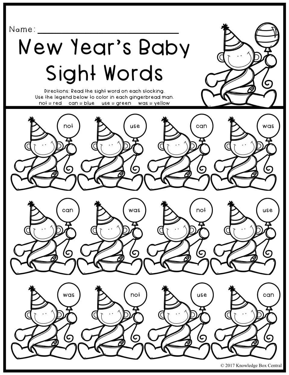 New Year's Baby Sight Words: color 12 babies by the word on each balloon, not red, can blue, use green, was yellow