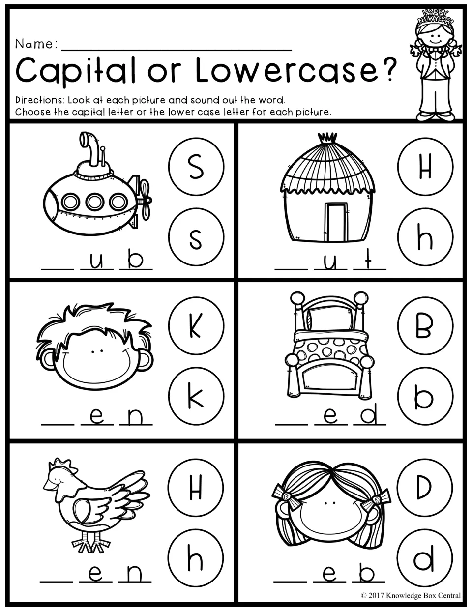Capital or Lowercase?: choose S or s, H or h, K or k, B or b, D or d to complete sub, hut, Ken, bed, hen and Deb
