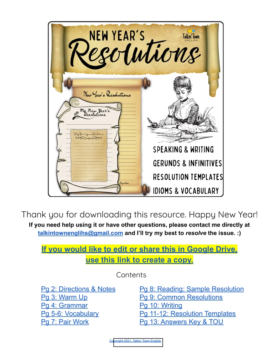 New Year's Resolutions cover listing speaking, writing, gerunds, infinitives, idioms and templates, with a contents list