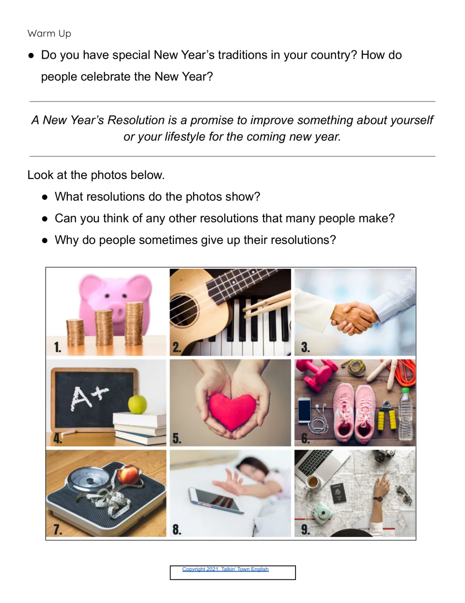 Warm-up on resolutions: students discuss New Year traditions, then name the goals shown in nine numbered photos