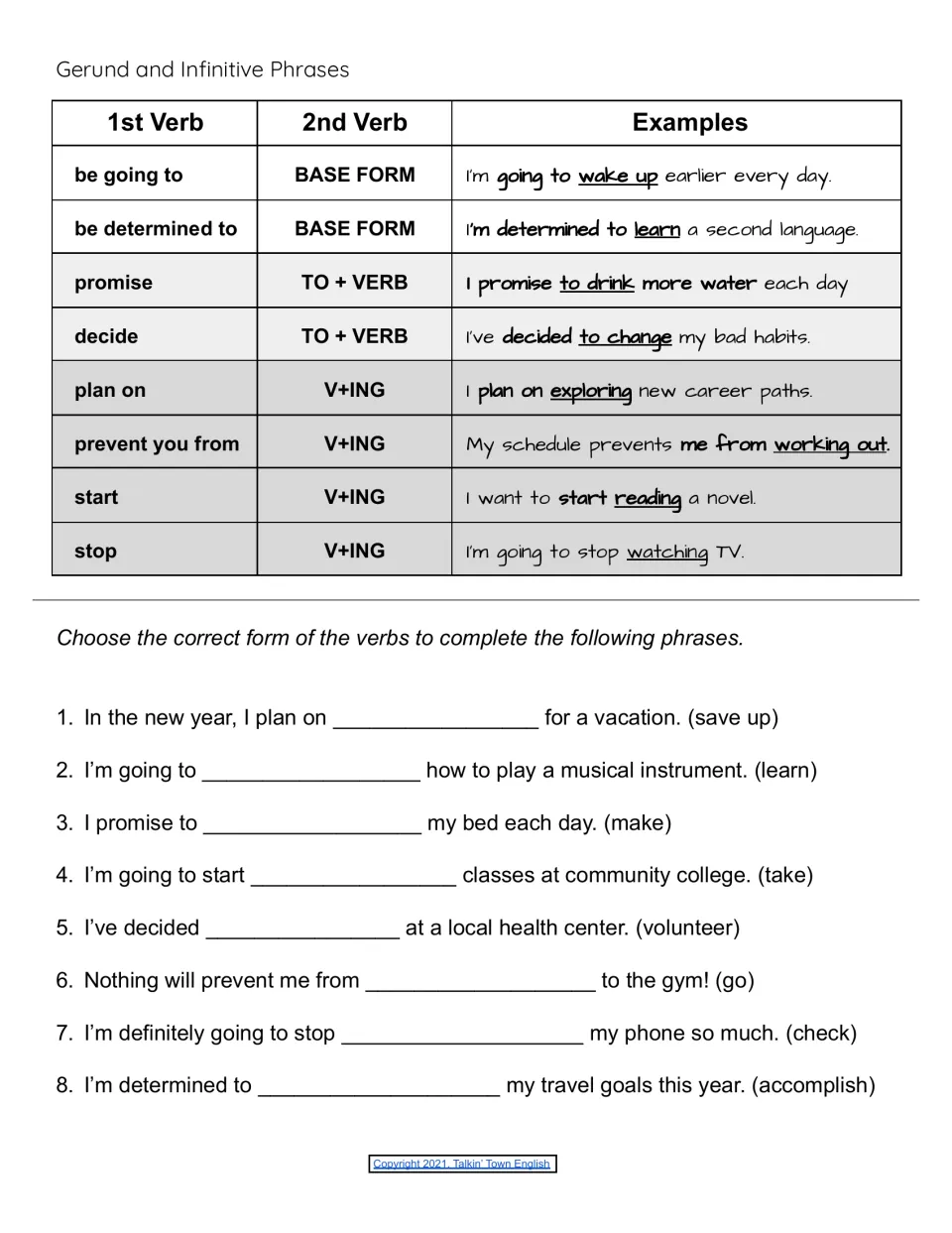 Gerunds and infinitives: students study verbs like plan on and decide, then complete 8 sentences with the right form