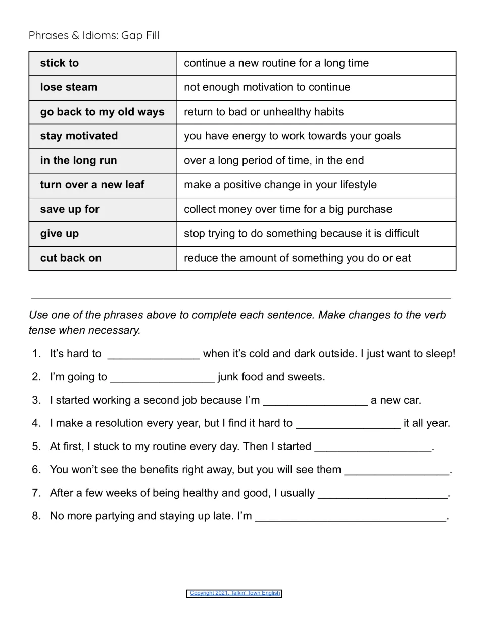 Phrases and idioms gap fill: students use stick to, lose steam, cut back on and others to complete 8 resolution sentences