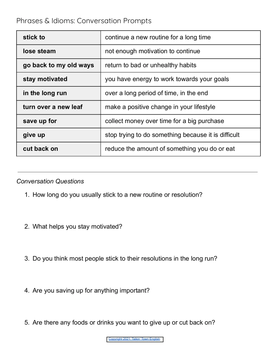 Idiom conversation prompts: students discuss five questions using the nine phrases, such as What helps you stay motivated?