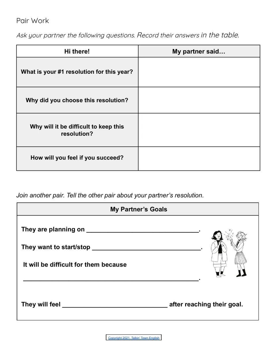 Pair work interview: students ask a partner four resolution questions, record answers, then report using sentence frames