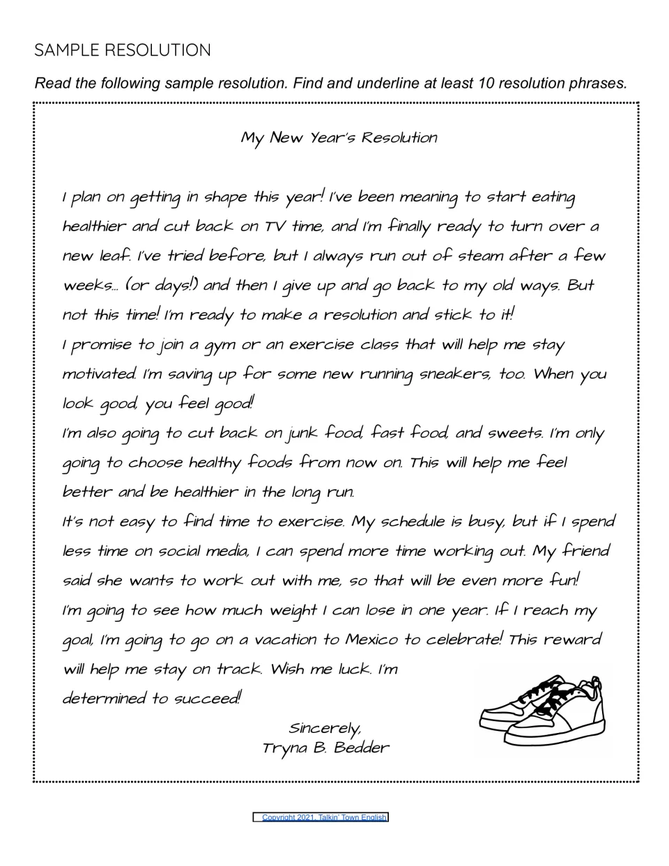 Sample resolution letter about getting in shape; students read it and underline at least 10 resolution phrases