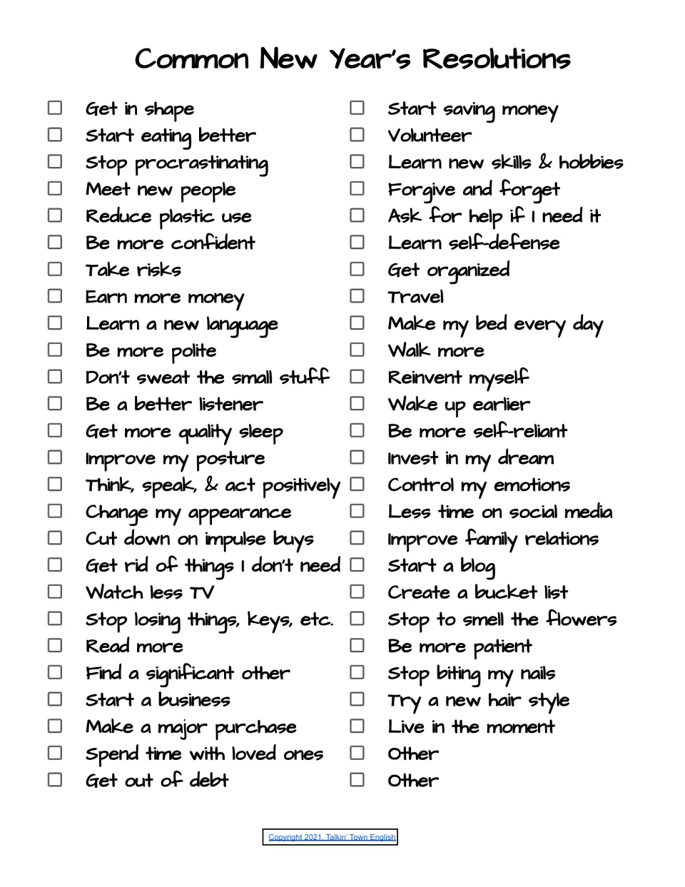 Common New Year's resolutions checklist: students tick ideas such as get in shape, read more and start a blog